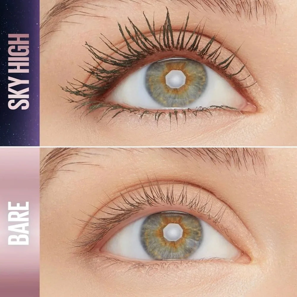 Eye with lifted, defined lashes coated with mascara; green-brown iris