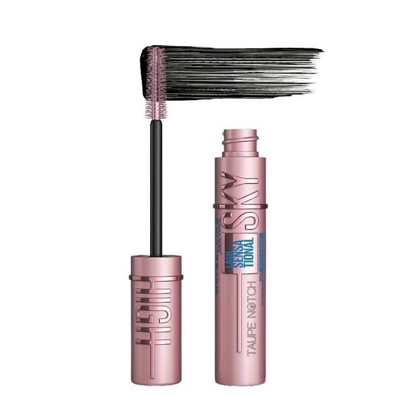 Maybelline Sky High mascara set with taupe-pink wand brush and tube.