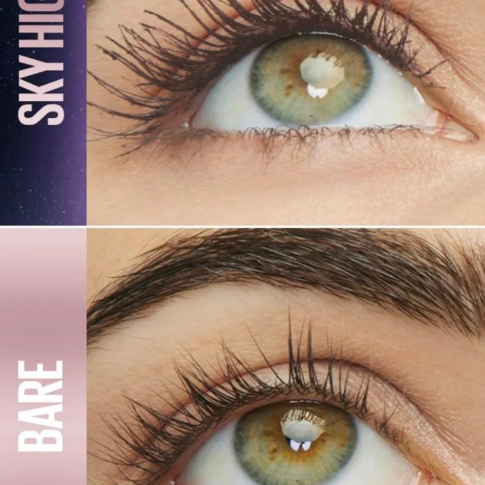 Brown mascara-coated lashes on a close-up eye