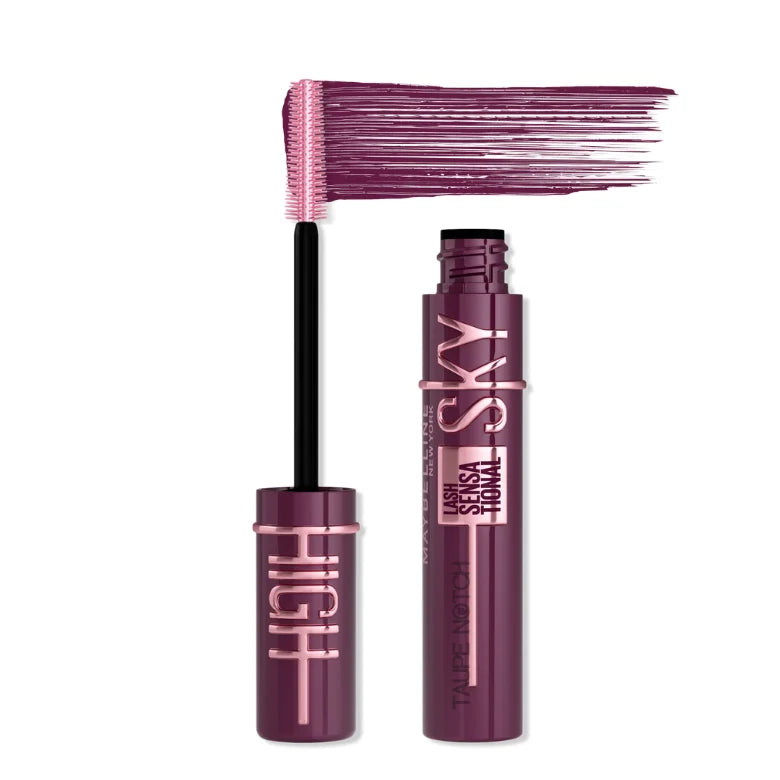Maybelline Sky High mascara set with plum-purple wand brush and tube.