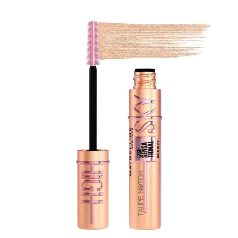 Maybelline Sky High mascara set with champagne-gold wand brush and tube.