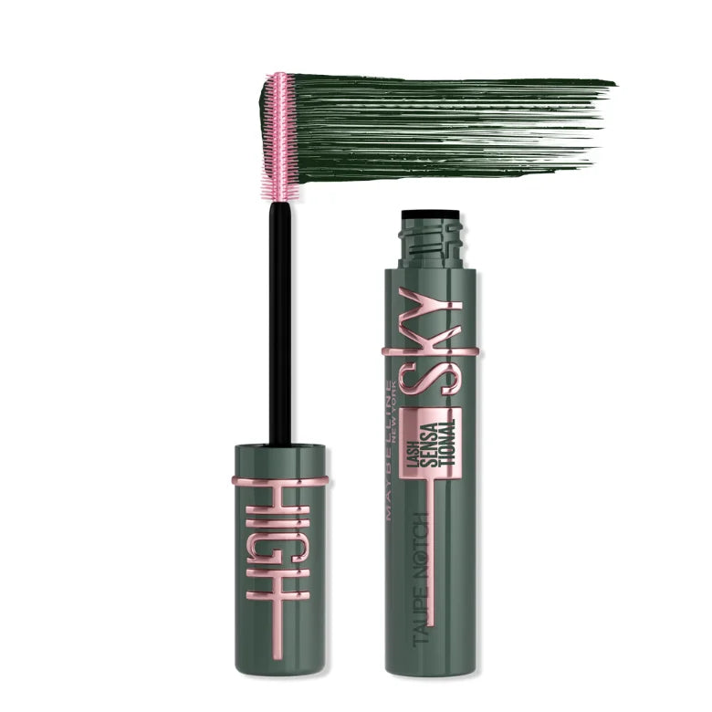 Maybelline Sky High mascara set with dark green wand brush and tube.