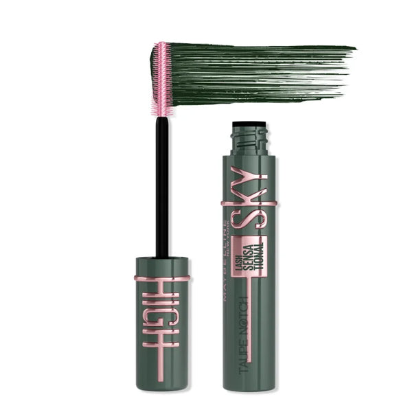 Maybelline Sky High mascara set with dark green wand brush and tube.