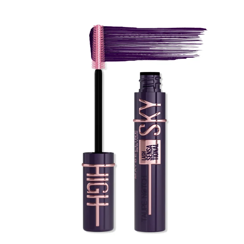 Maybelline Sky High mascara set with deep plum wand brush and tube.