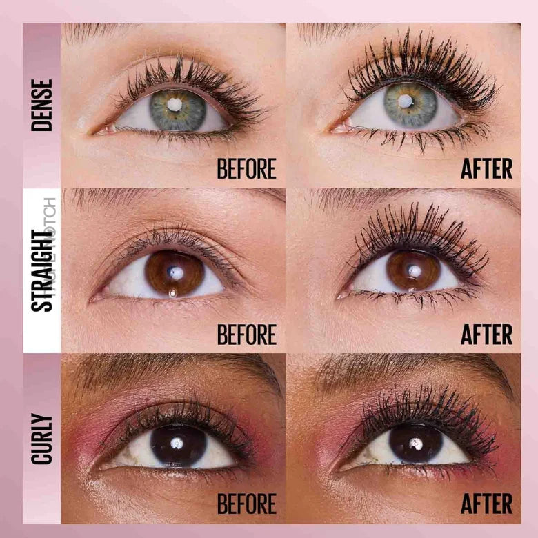 Tubing mascara lash results on eyes: dense, straight, and curly lashes before/after