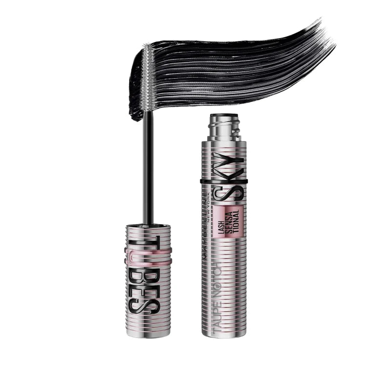 Tubing mascara with wand and silver tube, showing black brush applicator