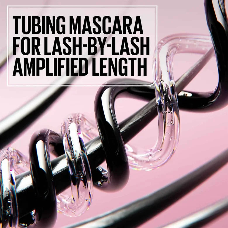 Tubing mascara tube and wand applicator with glossy black lash strokes