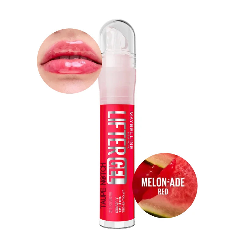 Lifter gel lip gloss in Melon-ade shade, clear tube with red lip swatch