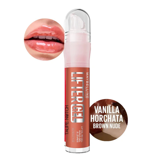 Lifter gel lip gloss in Vanilla Horchata shade, clear tube with nude-brown swatch