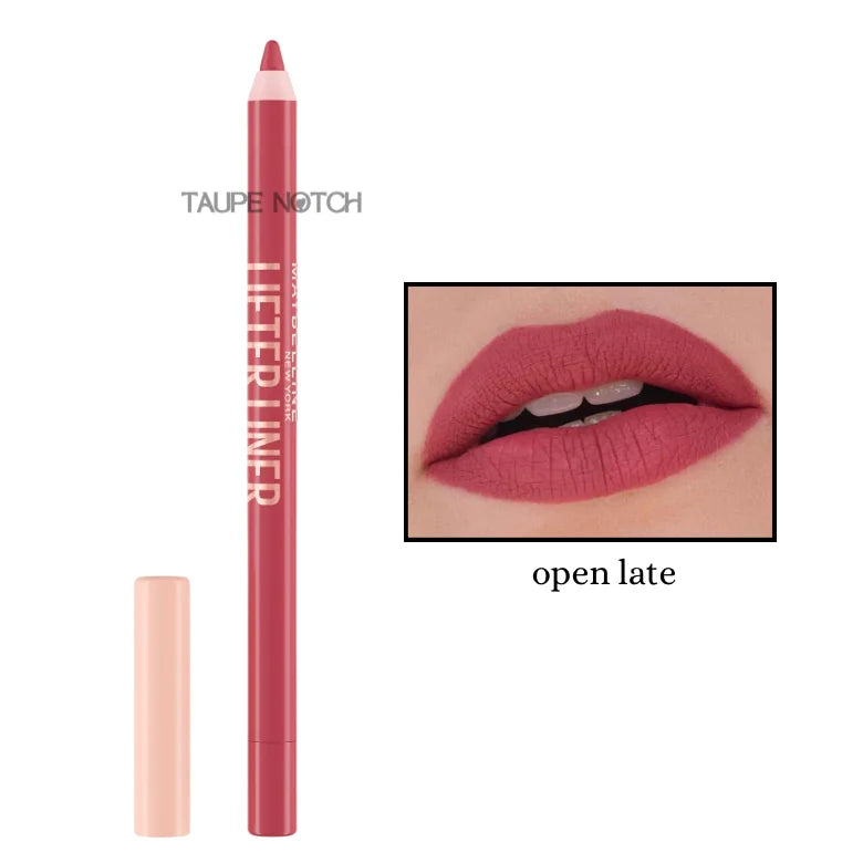 Lip liner pencil in open late mauve with matching lip swatch