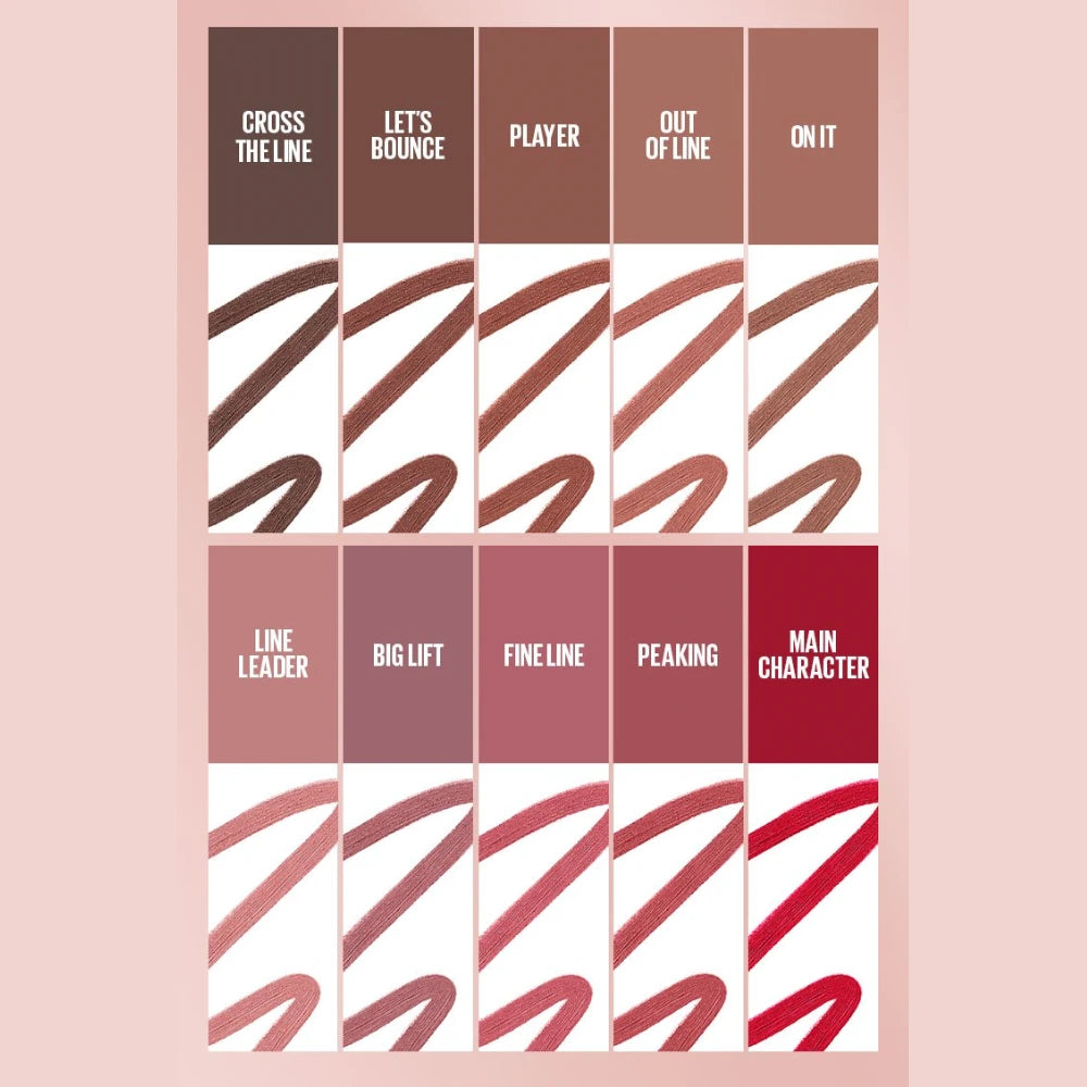Lip liner shade swatches in brown, nude, pink, and red tones