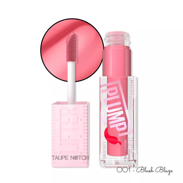 Plumping lip gloss in Blush Blaze shade; pink tube with applicator wand and lip swatch.