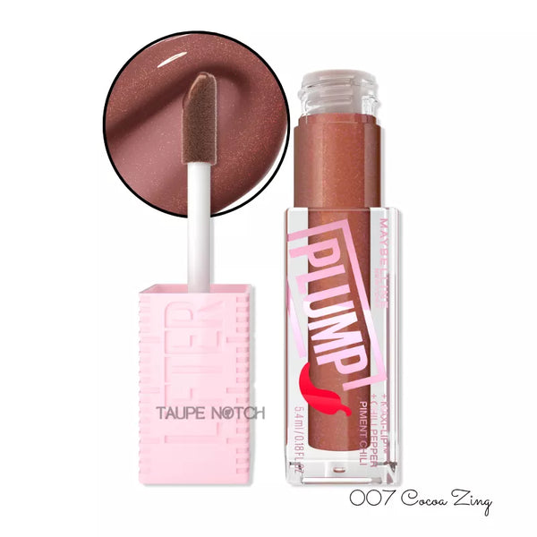 Plumping lip gloss in Cocoa Zing shade; brown tube with applicator wand and swatch.