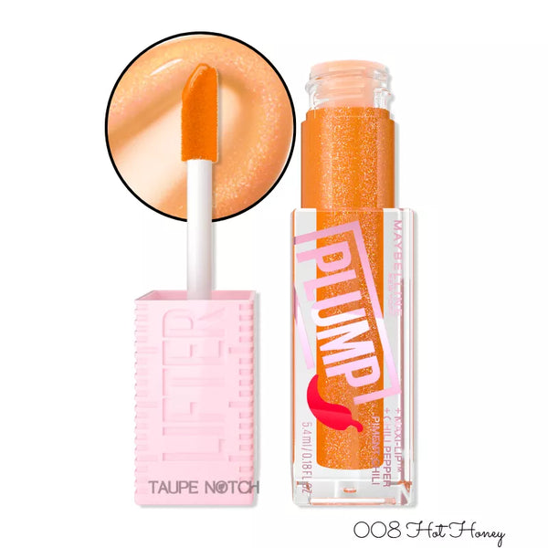 Plumping lip gloss in Hot Honey shade; orange tube with applicator wand and lip swatch.