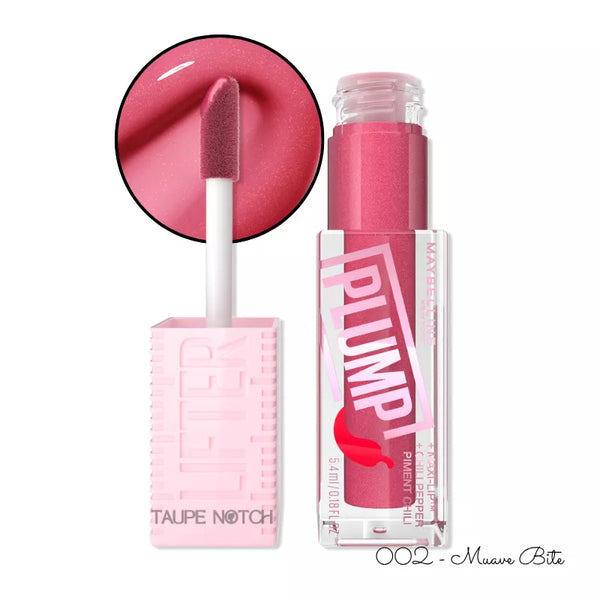 Plumping lip gloss in Mauve Bite shade; mauve-pink tube with applicator wand and swatch.