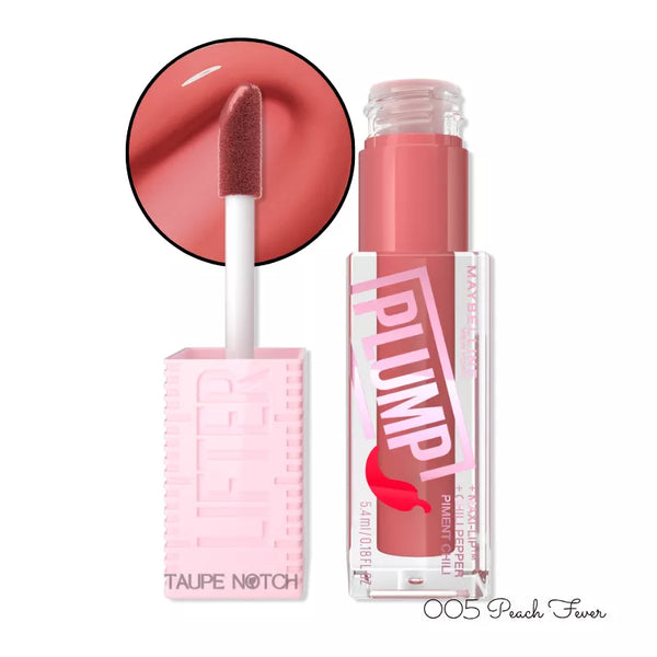 Plumping lip gloss in Peach Fever shade; peachy-pink tube with applicator wand and swatch.
