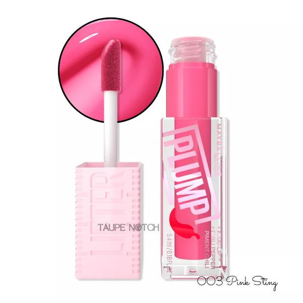 Plumping lip gloss in Pink Sting shade; bright pink tube with applicator wand and swatch.