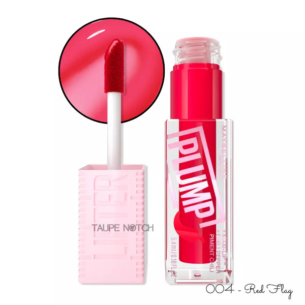 Plumping lip gloss in Red Flag shade; red-pink tube with applicator wand and swatch.