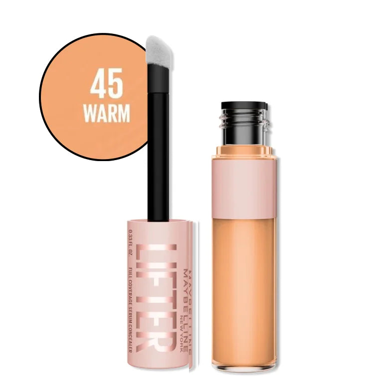 Concealer serum applicator and bottle, shade 45 Warm, orange-peach tone.