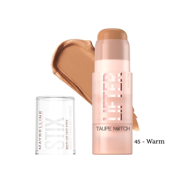 Maybelline Lifter Stix multi-use face stick, 45 Warm shade, tan cream swatch.