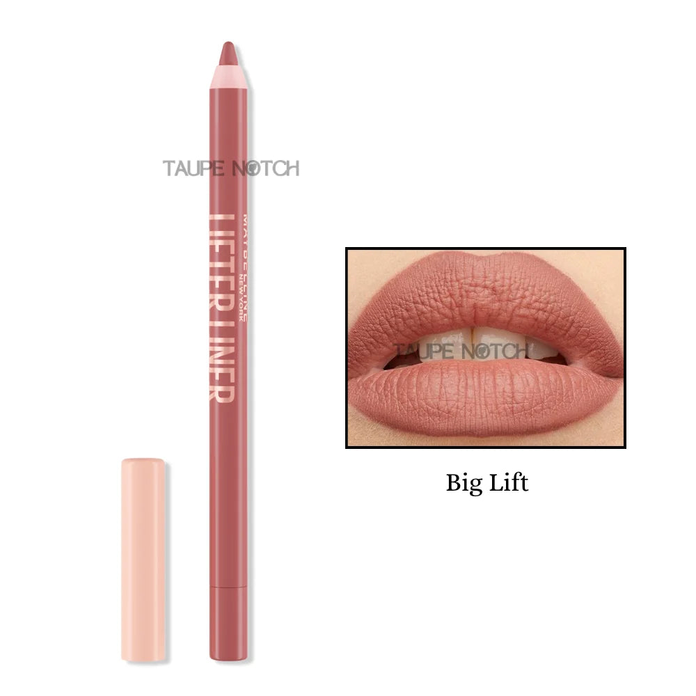Lip liner pencil and cap in muted rose shade with lip swatch, “Big Lift”