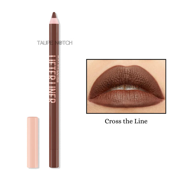 Lip liner pencil and cap in deep brown shade with lip swatch, “Cross the Line”