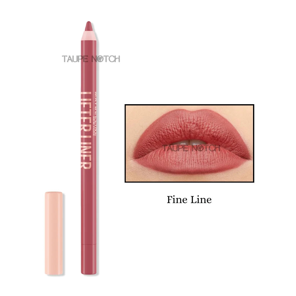 Lip liner pencil and cap in mauve red shade with lip swatch, “Fine Line”