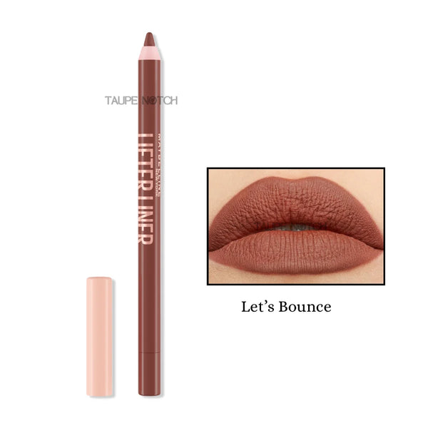 Lip liner pencil and cap in mauve nude shade with lip swatch, “Let’s Bounce”