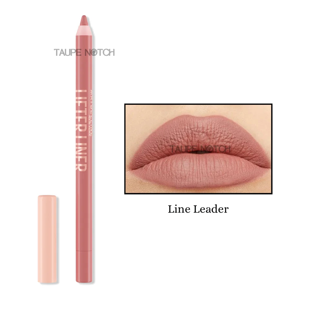Lip liner pencil and cap in dusty rose shade with lip swatch, “Line Leader”