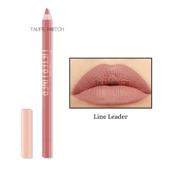 Lip liner pencil and cap in dusty rose shade with lip swatch, “Line Leader”