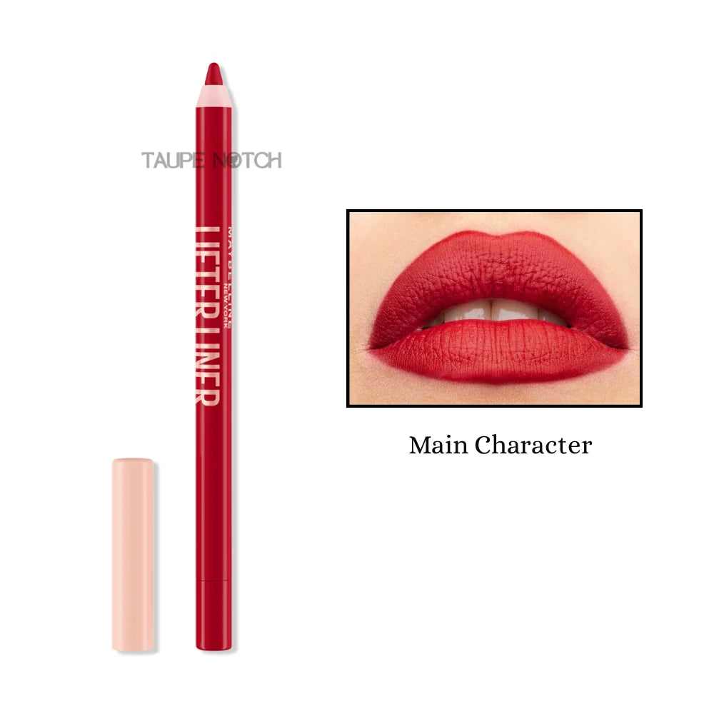 Lip liner pencil and cap in vivid red shade with lip swatch, “Main Character”