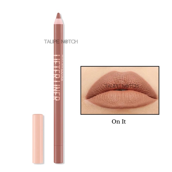 Lip liner pencil and cap in soft nude pink shade with lip swatch, “On It”