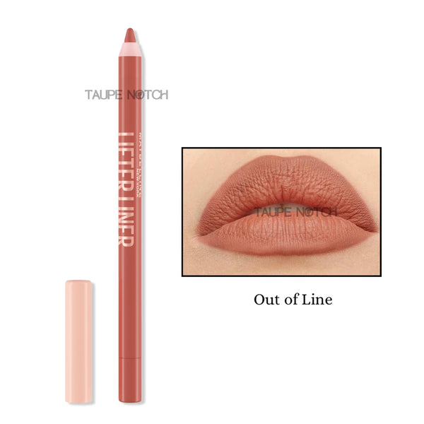 Lip liner pencil and cap in coral-red shade with lip swatch, “Out of Line”