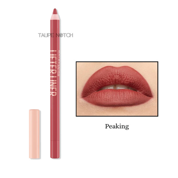 Lip liner pencil and cap in brick rose-brown shade with lip swatch, “Peaking”