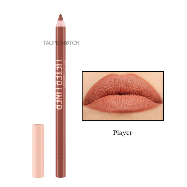Lip liner pencil and cap in warm rose-brown shade with lip swatch, “Player”