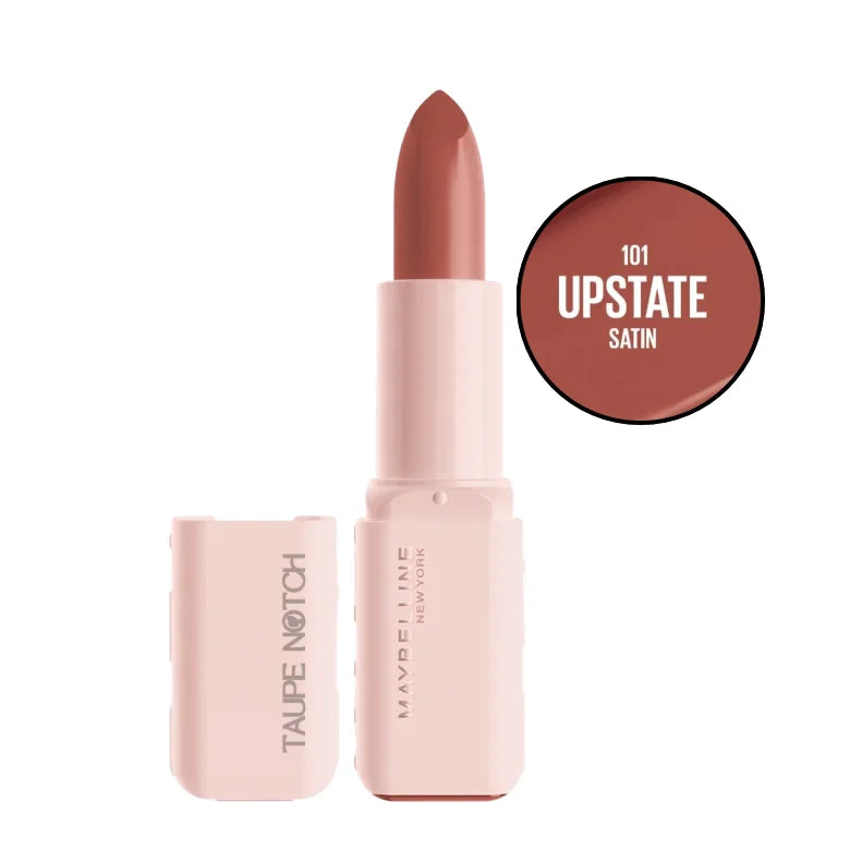 Satin lip color lipstick, shade 101 Upstate, in open pink case with rose-brown bullet