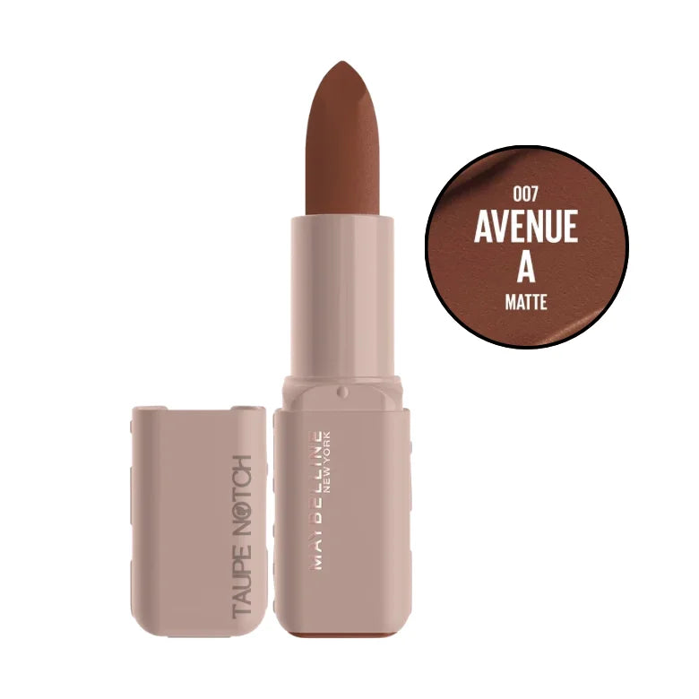 Moisturizing serum lipstick, matte warm brown shade, with cap open.