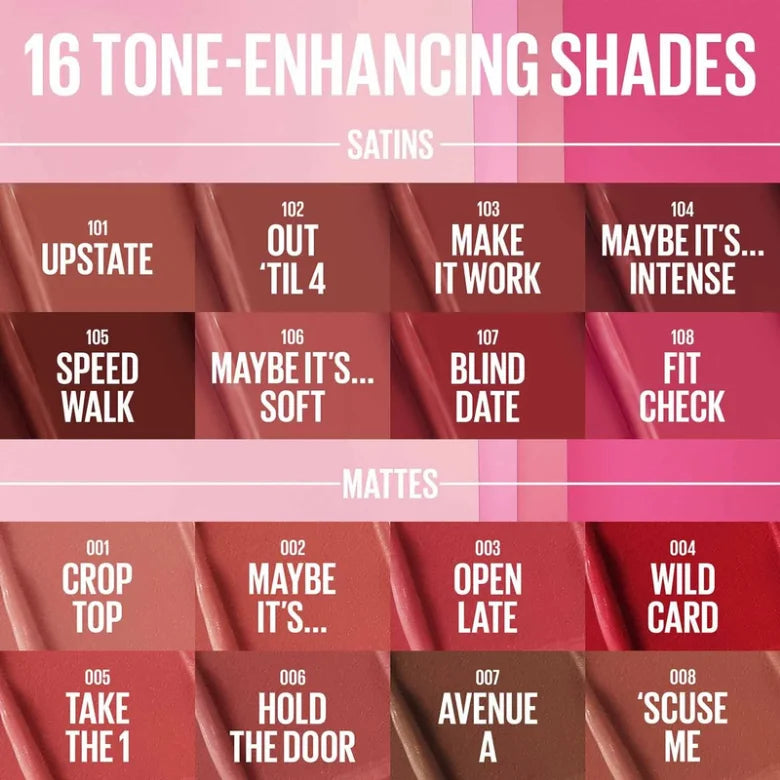 Lipstick shade lineup chart showing satin and matte shades with numbers and names