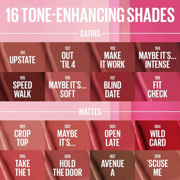 Lipstick shade lineup chart showing satin and matte shades with numbers and names