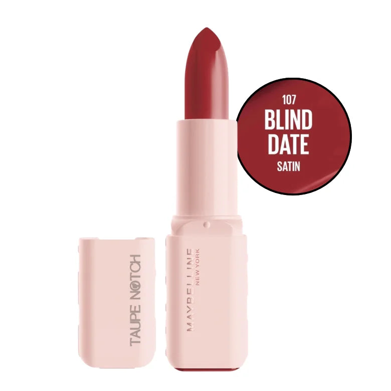 Satin lip color lipstick, shade 107 Blind Date, in open pink case with deep red bullet