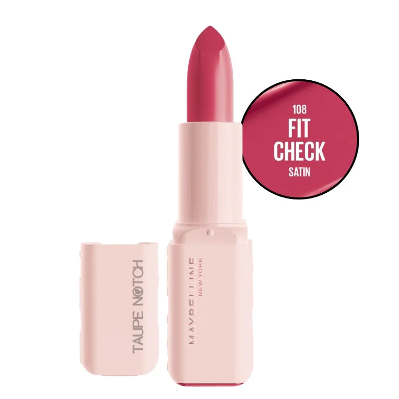 Satin lip color lipstick, shade 108 Fit Check, in open pink case with red cap