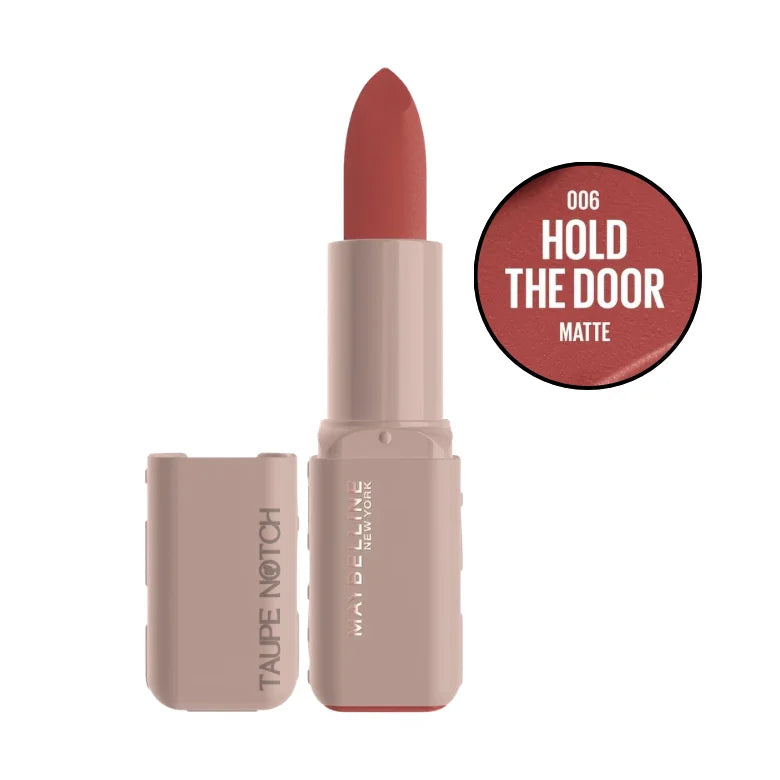 Moisturizing serum lipstick, matte dusty rose shade, with cap open.