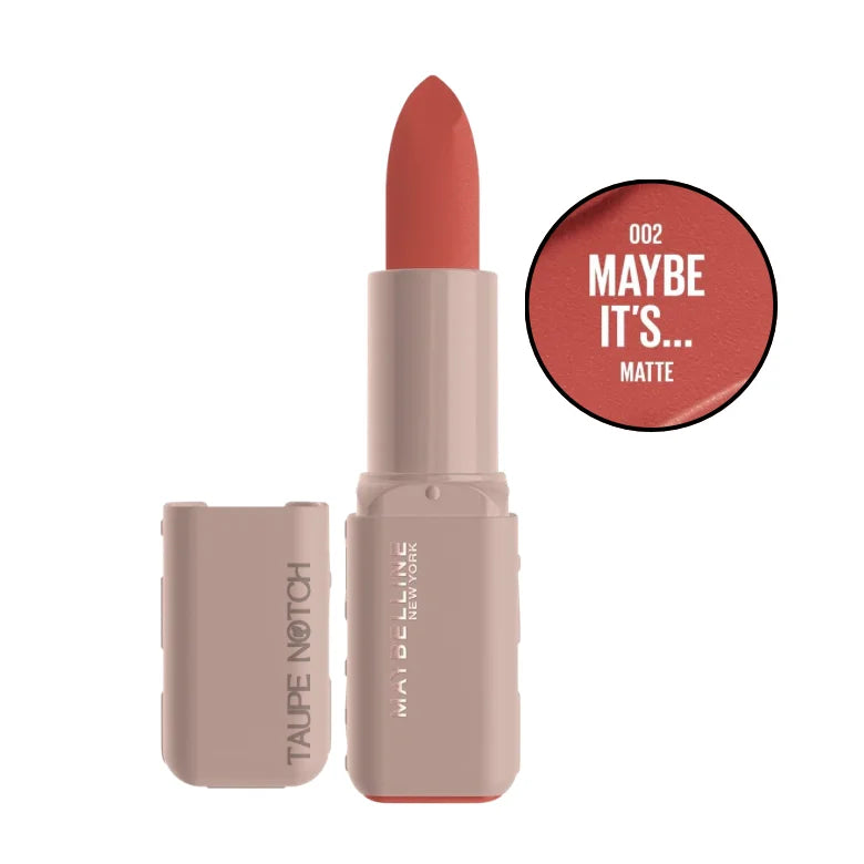Moisturizing serum lipstick, matte coral red shade, with cap open.