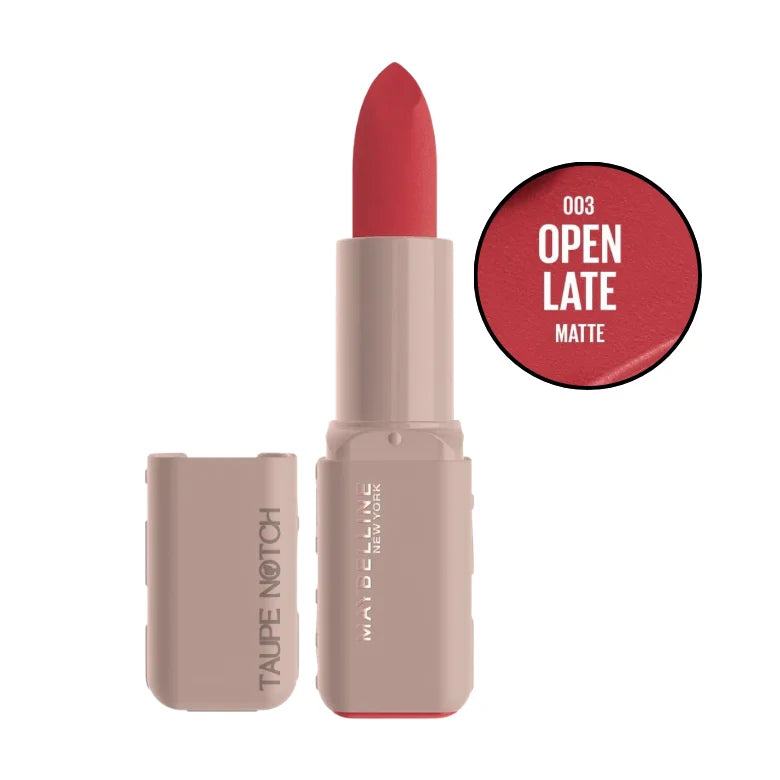 Moisturizing serum lipstick, matte rosy red shade, with cap open.