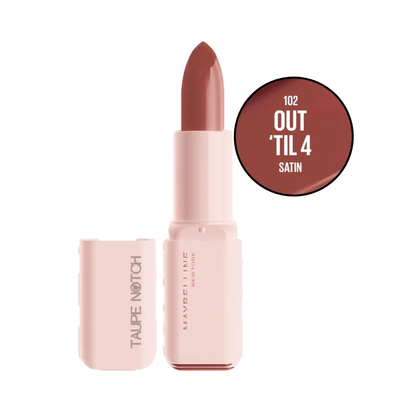 Moisturizing serum lipstick, satin nude-brown shade, with cap open.