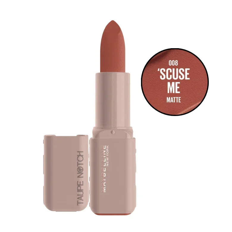 Moisturizing serum lipstick, matte terracotta brown shade, with cap open.