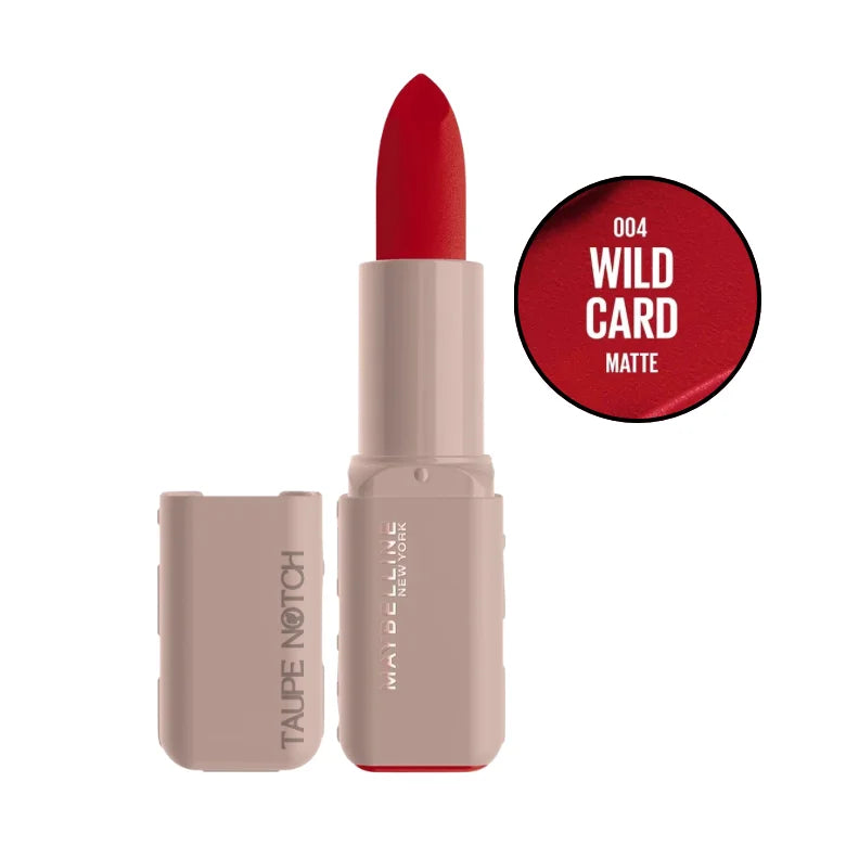 Moisturizing serum lipstick, matte bright red shade, with cap open.