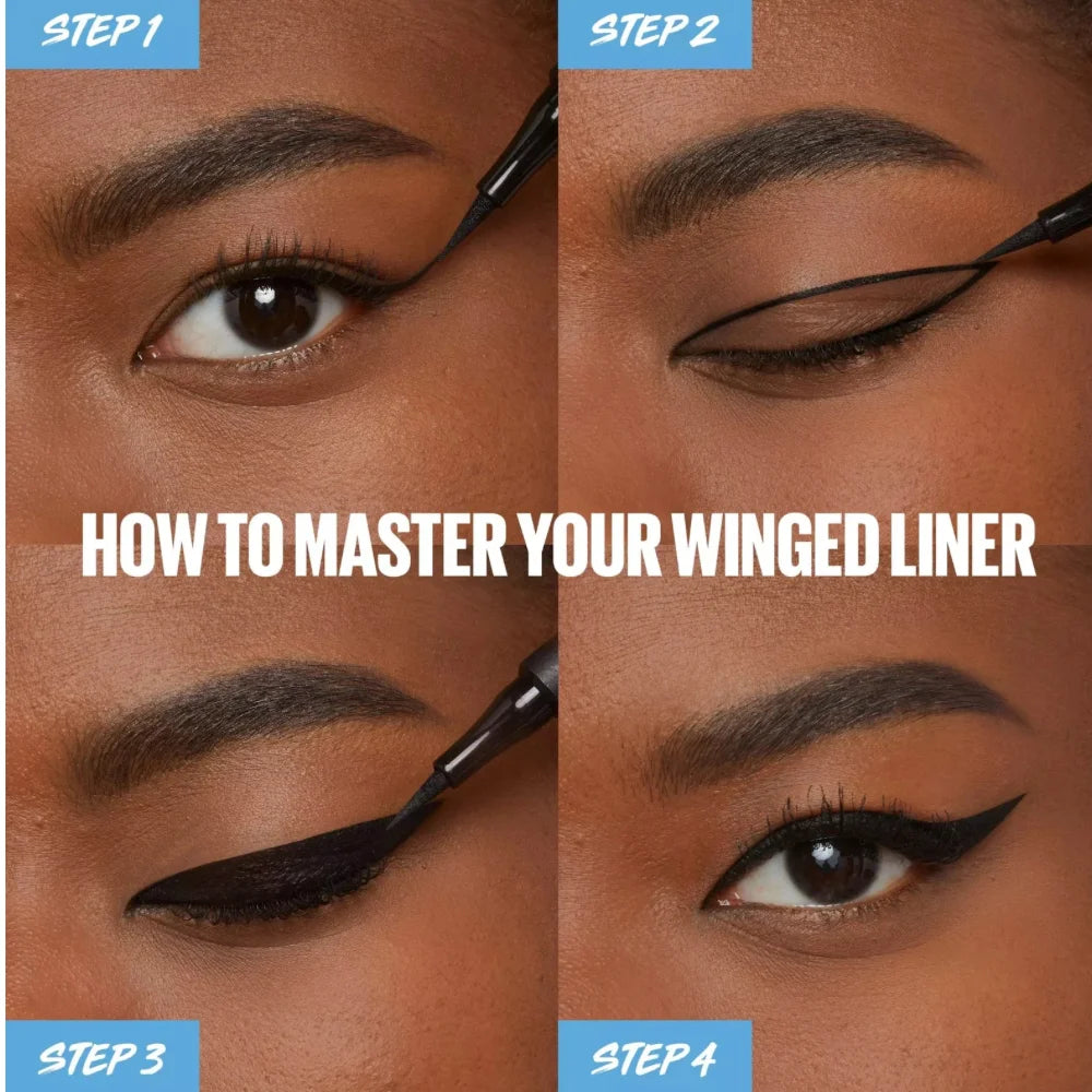 Eye makeup with thin black winged liquid eyeliner and defined lash line
