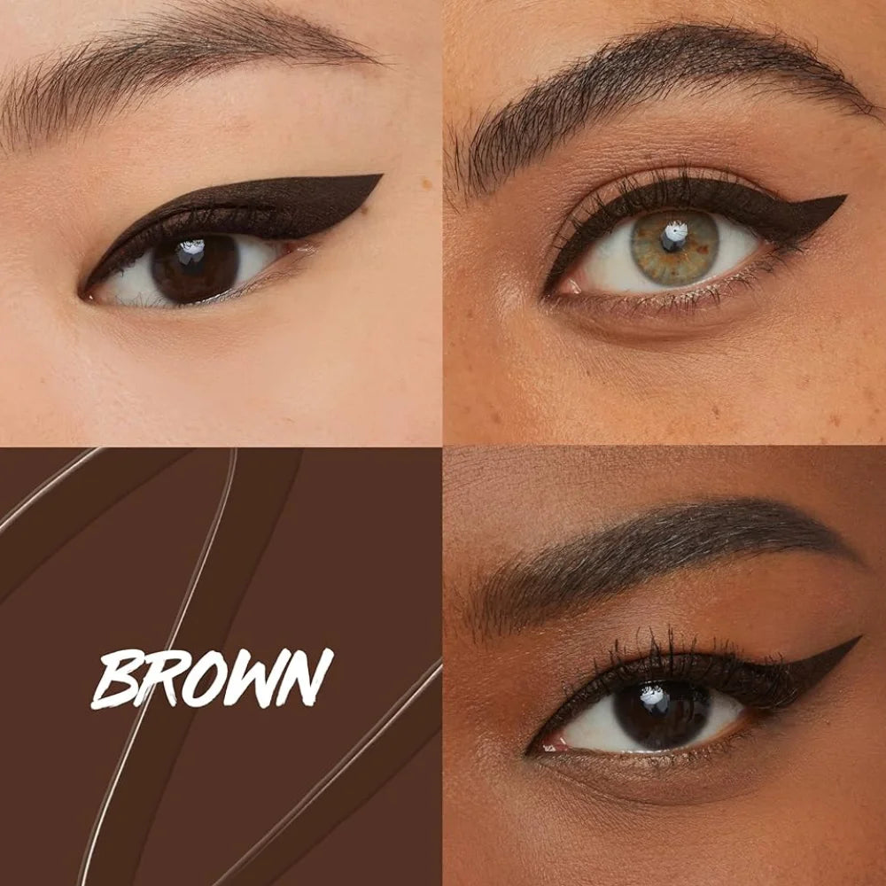 Brown winged liquid eyeliner on eyes with a sharp lash-line flick
