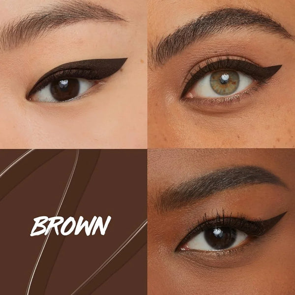 Brown winged liquid eyeliner on eyes with a sharp lash-line flick